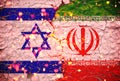 Israel and iran flags painted over cracked concrete wall.And lava flows behind.israel vs iran war Royalty Free Stock Photo