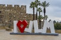 ISRAEL,JERUSALEM-09.Februar 2020: public sculpture composed of the inscription Love - I Love JLM I Love Jerusalem placed in Tsahal