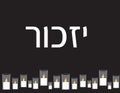 Israel memorial day banner. Hebrew text IZKOR and Memorial Candles on black background