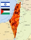 Israel - Palestine conflict, war. Map in fire. Flags Royalty Free Stock Photo