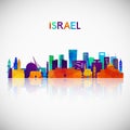 Israel skyline silhouette in colorful geometric style.