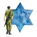 Israel soldier with riffle and blue star of David watercolor illustration. Jewish Memorial day, Yom HaZikaron