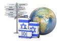 Israel travel concept. Suitcases with Israeli flag, signpost