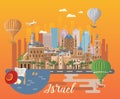 Israel vector banner with jewish colorful buildings and hot air balloons. Travel poster in flat design Royalty Free Stock Photo