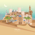 Israel vector banner with jewish colorful buildings. Night scene. Travel poster in flat design Royalty Free Stock Photo