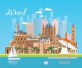 Israel vector banner with jewish colorful buildings, dead sea and ship. Travel poster in flat design Royalty Free Stock Photo