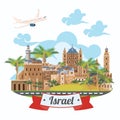 Israel vector banner with jewish landmarks and airplane. Travel to Israel. Royalty Free Stock Photo