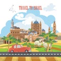 Israel vector banner with jewish landmarks and car. Travel to Israel. Royalty Free Stock Photo