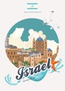 Israel vector banner with jewish landmarks in circle shape. Welcome to wonderful Israel. Travel poster in flat design Royalty Free Stock Photo