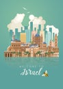 Israel vector banner with jewish landmarks with mirror effect on green background. Welcome to Israel. Travel poster in flat design Royalty Free Stock Photo