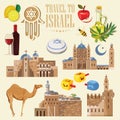 Israel vector banner with jewish landmarks. Set of traditional Israel icons on light background. Royalty Free Stock Photo