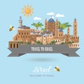 Israel vector banner with jewish landmarks, tape and bees. Welcome to Israel. Travel poster in flat design