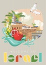 Israel vector banner with jewish landmarks, traditional icons. Welcome to wonderful Israel. Travel poster in flat design Royalty Free Stock Photo