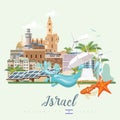 Israel vector banner with jewish landmarks, wave and sea star. Welcome to Israel. Travel poster in flat design Royalty Free Stock Photo