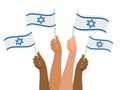 Israel war support. State and I Stand with Israel. Hand holding Israel flags. Vector illustration.