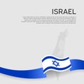 Israel wavy flag and mosaic map on white background. Color wavy ribbons of the flag of israel. National poster. State israeli