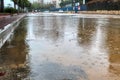 Israel, Winter Weather. Rain, Downpour: Flooding on the cars road. Royalty Free Stock Photo