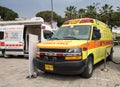 Israeli ambulance cars, called Magen David Adom displayed in Tel-Aviv. Israel