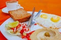 Israeli breakfast with eggs , hummus and salad Royalty Free Stock Photo