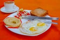 Israeli breakfast with eggs , hummus and salad