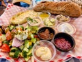 Israeli breakfast on the table in a restaurant