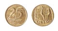 Israeli coin, 25 agorot, 1965. Isolated object on a white background.