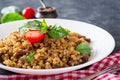 Israeli couscous with beef. Tasty food.