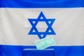Israeli Elections. Disposable face mask in a box for ballot in election on Israel flag background.