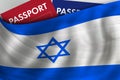 Israeli flag background and passport of Israel. Citizenship, official legal immigration, visa, business and travel concept