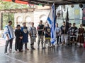 Israeli knights - participants in the festival `The Knights of Jerusalem` stand in the lists and sing the hymn in Jerusalem, Israe