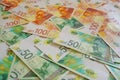 Israeli 100, 50 money notes background. New Israeli Shekel series C Royalty Free Stock Photo