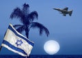 Israeli National waving flag. Military fighter jet flight. Palm grow near the sea. A huge sun disc on the horizon. Middle east Royalty Free Stock Photo