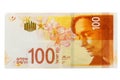 Israeli NIS 100 bill New Israeli Shekel. One banknote of a new type with a portrait of poet Lea Goldberg worth 100 Israeli shekels