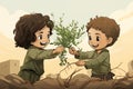 Israeli and Palestinian kids exchanging olive branches. AI Generated