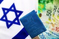 Israeli passport Teudat Zehut on the flag of Israel and Israeli shekel. Israeli citizen, economy in Israel, business in Israel
