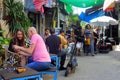 Israeli people dining in cafe restaurant in Kerem Ha Teimanim neighborhood Israel