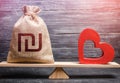 Israeli shekel money bag and red heart on scales. Funding healthcare. Health life insurance financing concept