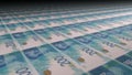 Israeli 200 shekels bills on money printing machine. Illustration of printing cash. 3d render.