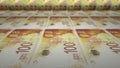 Israeli 100 shekels bills on money printing machine. Illustration of printing cash. Banknotes. 3d render.