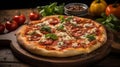 Delicious Pizza Set On Wooden Board With Tomatoes And Herbs