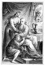 Issac Blessing Jacob. Bible, Genesis, Old testament. Vintage Antique Drawing