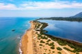 Issos beach on Corfu, near Agios Georgios, Greece. Aerial drone view of Issos beach and Lake Korission, Corfu island, Ionian Sea,