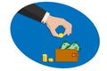 Issuing loans, deposits, loan money, saving money and finances. Hand of a business man in a suit puts a golden dollar in a leather Royalty Free Stock Photo