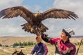 ISSYK KUL, KYRGYZSTAN - JULY 15, 2018: Local man with his eagle at the Ethnofestival Teskey Jeek at the coast of Issyk