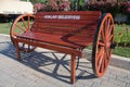 Istanbul, Aladar, Turkey - June 30, 2012: beautiful empty original wooden bench with turkish text on island aladar belediyesi