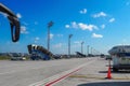 ramps standing on the airfield. Many movable boarding ramp at the airport