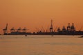 Istanbul, beylikduzu - Turkey - 04.30.2023: Ambarli Shipyard, International Sea Port, Sunset, Silhouette View of Logistic Business