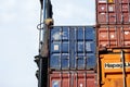 Istanbul, Beylikduzu - Turkey - 07.07.2023 Container yard for Logistic Import Export business, Close-up container view, Crane