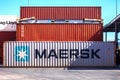 Istanbul, Beylikduzu - Turkey - 07.07.2023 Container yard for Logistic Import Export business, Close-up container view. MAERSK