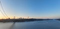 Istanbul Bosphorus Bridge and City Skyline in Background with Turkish Flag at Beautiful Sunset, Aerial slide orbiting Royalty Free Stock Photo
